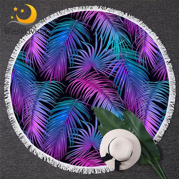 

towel blessliving palm leaf round beach tropical coniferous large purple blue blanket with tassel beautiful home decor 1pc