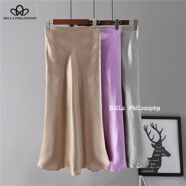 

bella philosophy yellow purple silk summer satin trumpet high waist silver gold metallic color party skirt 210315, Black