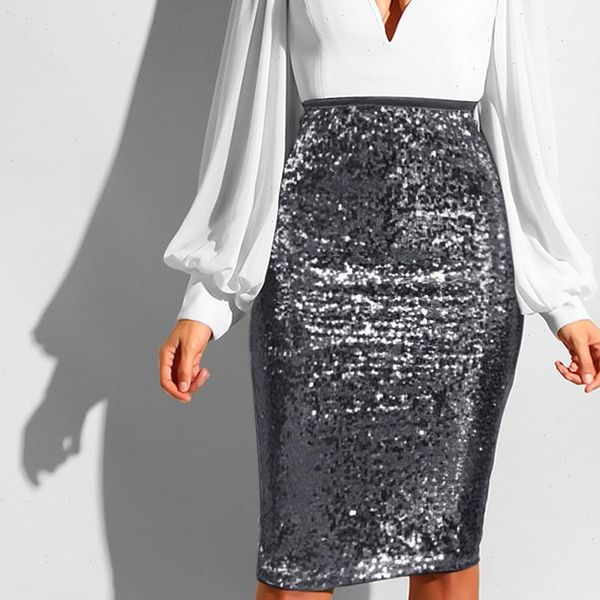

sequins midi skirt women summer solid slim high waist push up hip skirts women elegant party club ladies skirt femme, Black
