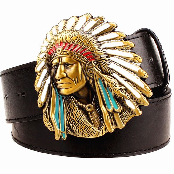 

2021 new fashion buckle west cowboy for men belts indian chief head men's leather belt hip hop girdle rdq0, Black;brown