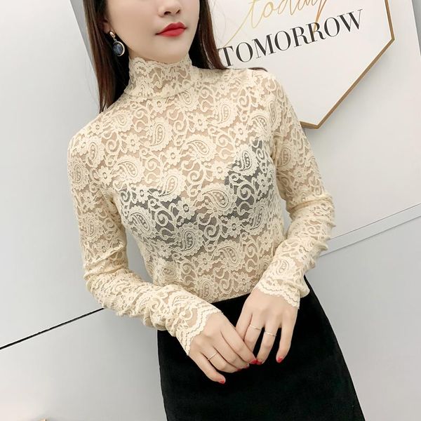 

women's blouses & shirts 2021 summer lace women blouse turtleneck solid see through hollow out slim elastic lady elegant pulls outwear, White