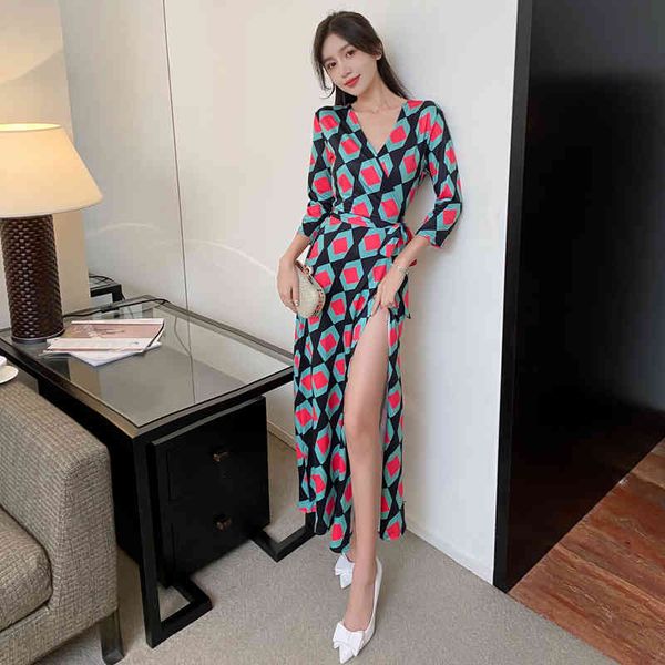 

three-quarter sleeve korea women bohemian beach maxi wrap dresses print lace-up slim waist elegant ladies holiday dress clothes, Black;gray