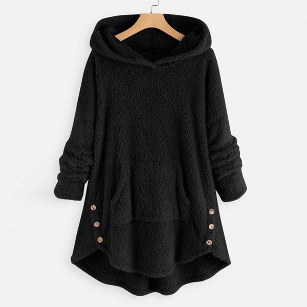 

fluffy hoodies women sweatshirt oversized long autumn winter warm fleece button hem plus size loose hoodie pullover sweat femme, Black