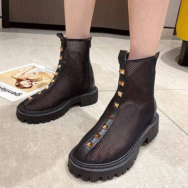 

boots rimocy 2021 mesh hollow ankle women summer height increase thick heel woman non slip high sandals female, Black