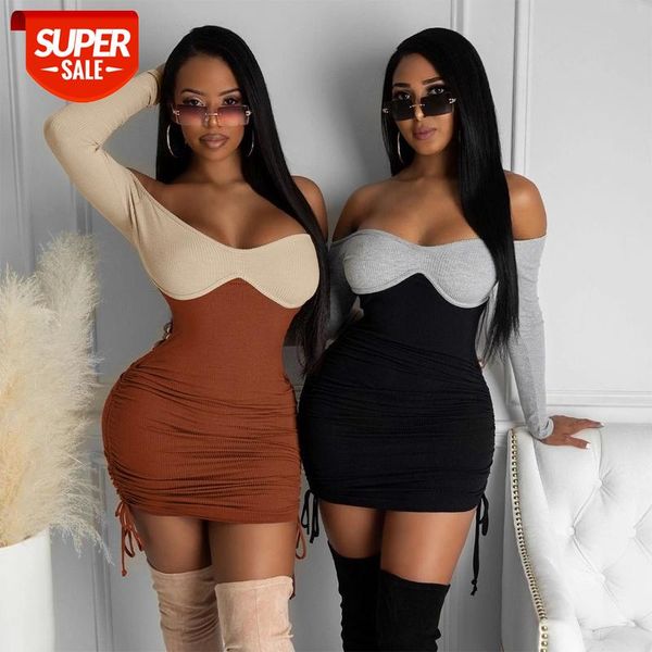 

hirigin 2020 long sleeve slash neck patchwork bandage ruched mini dress autumn winter women fashion party club outfits #zd5q, Black;gray