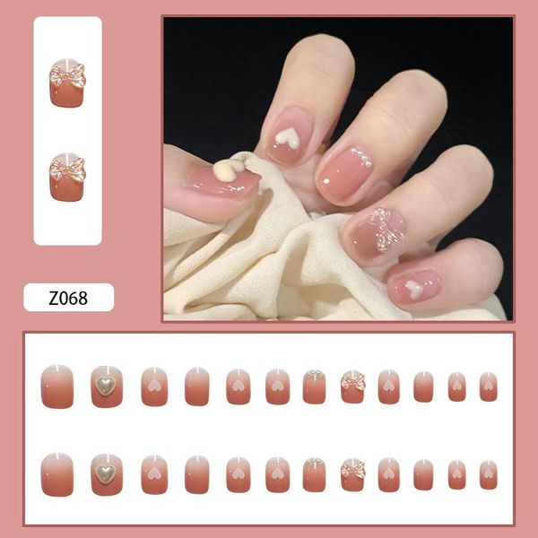 

false nails 24pcs love heart print nail patch pearl inlaid glue type removable short paragraph fashion manicure fake, Red;gold
