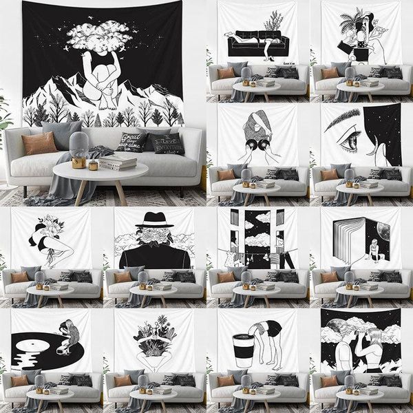 

tapestries black and white ins dormitory background fabric nordic tapestry live wall decoration renovation room bedside hanging cloth