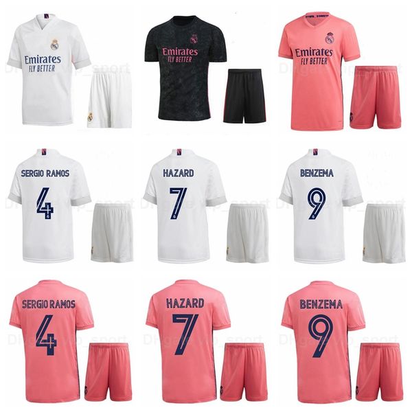 

2020-21 soccer real madrid 4 sergio ramos jersey set 8 toni kroos 7 eden hazard 11 gareth bale dani carvajal football shirt kits, Black