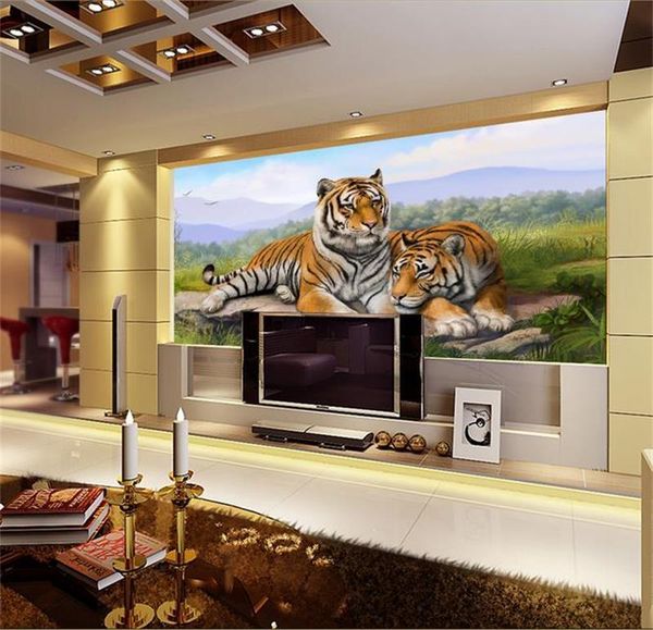 

wallpapers 3d wallpaper custom po mural two tiger rocks forest painting living room sofa tv background wall non-woven sticker