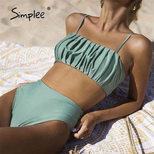 

bandeau push up swimsuit women solid fold bikini set high waist swimwear sport bathing suit vintage beachwear 210621, White;black