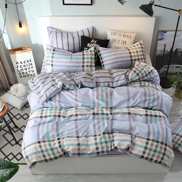 

bedding set white blue lattice british style 3/4pcs duvet cover sets soft polyester bed linen flat sheet  king bedclothes