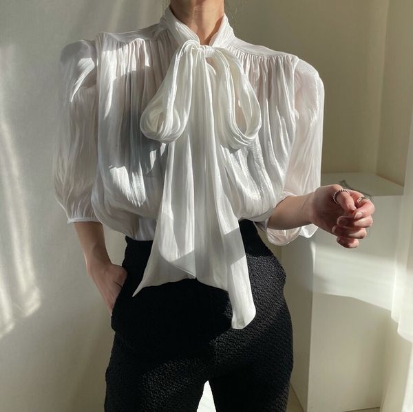 

stylish korean lantern chic gentle full sleeves pullovers all match blouses 2021 new solid women streetwear 421u, White