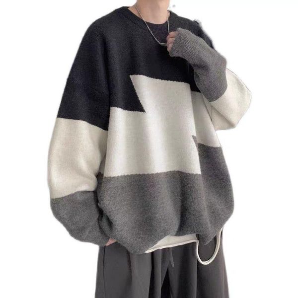 

men's sweaters 2021 autumn and winter sweater trend color matching student round neck lazy wind couple loose coat, White;black