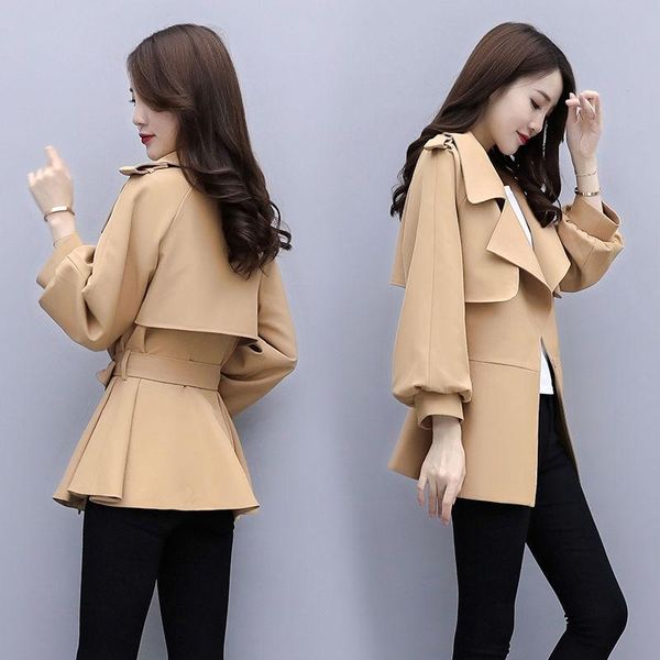

women's trench coats 2021 autumn middle age women classic vintage sashes ladies korean solid loose elastic waist short coat a15, Tan;black
