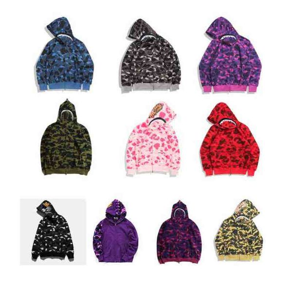 

japanese designer former shark hoodie camouflage sweatshirt bathing ape cardigan pullover hip hop letters long sleeved plush men women coat, Black