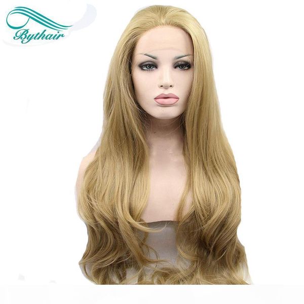 

bythair 24# color blonde body wave synthetic lace front wigs with parting natural look glueless heat resistant fiber hair, Black