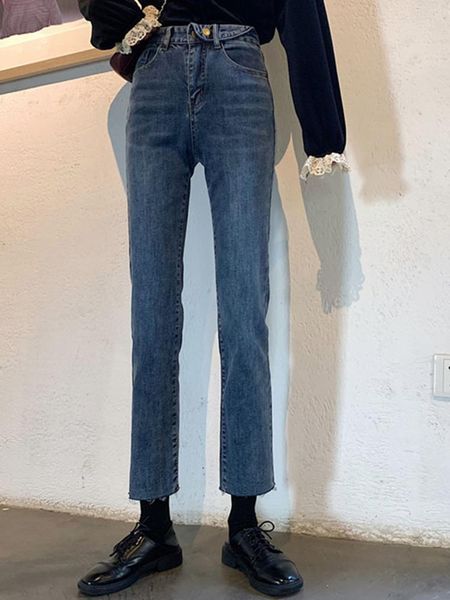 

women's jeans dd0259 high waist slim straight loose cropped, Blue