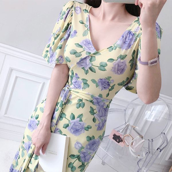 

floral imprint with v-cleavage in women's gowns beach straps thin bandage bodycon boho dressed as ladies will see vacations 2021 new 8g, White