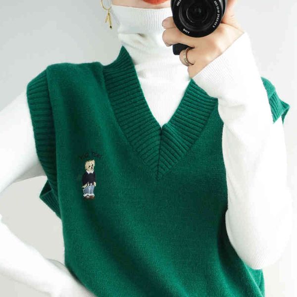 

women's sweaters colete feminino caxemira suÃ©ter folgado, blusa feminina design urso em malha gola v primavera outono siqs, White;black