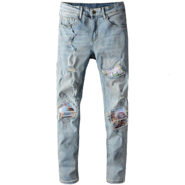 

new men's male trousers fashion light blue street retro distressed hole jeans patches slim denim pants 0x4o