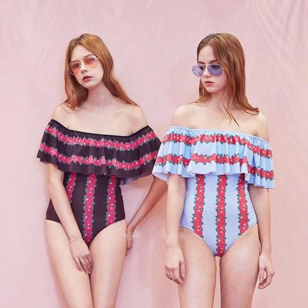 

women's swimwear 2021 korean ruffled shoulder striped triangle high waist spring vacation one-piece swimsuit, White;black