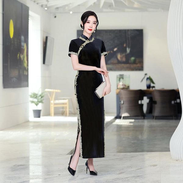 

ethnic clothing velour vintage flower lady qipao chinese bride wedding cheongsam long large size dress gown high split temperament vestidos, Red