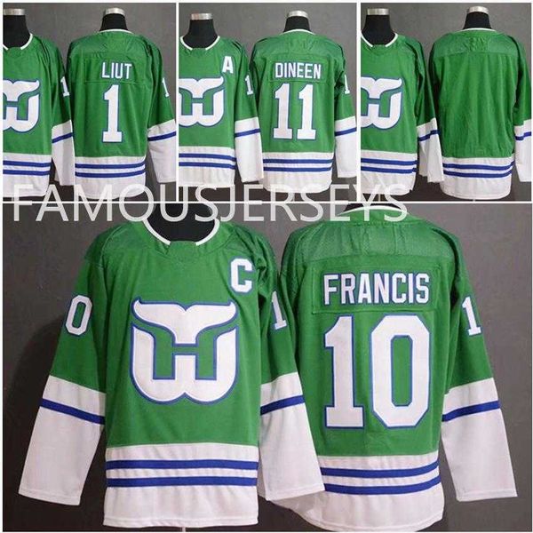 Chegada Hartford Whalers novas camisas de hóquei verde Premier # 1 Mike Liut 10 Ron Francis 11 Kevin Dineen clássico desgaste de gelo