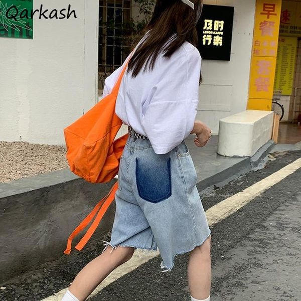

women's shorts women denim summer knee-length fur-line ripped streetwear harajuku chic vintage all-match leisure high waist irregular, White;black