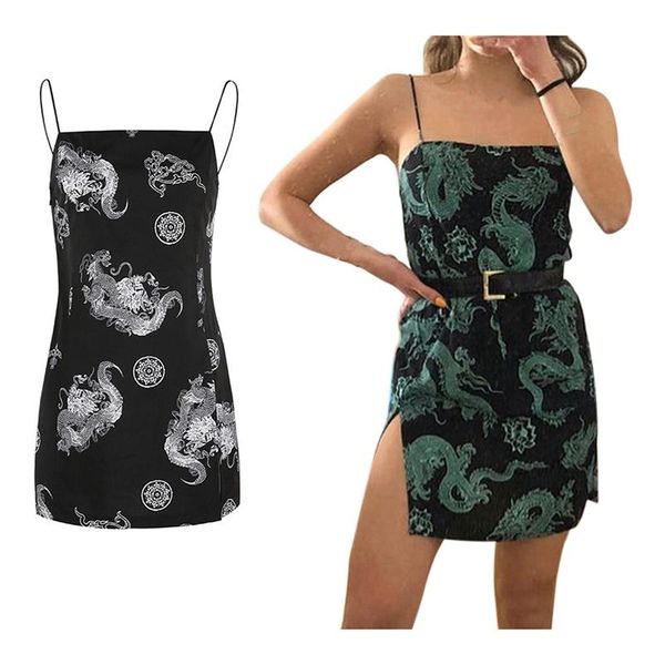 

casual dresses 2x dragon printed split mini dress women street strap slim party short l black and white & mint green, Black;gray