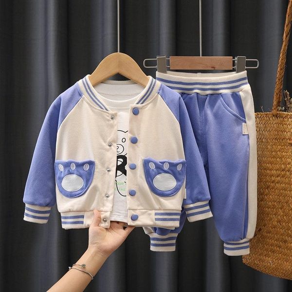

clothing sets 2021 children cotton baby boys spring bear suit t-shirt pants 3pcs/set infant out kids toddler casual tracksuits, White