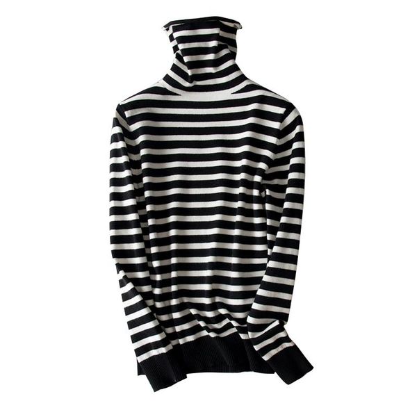

women's sweaters fall winter style striped knit bottoming sweater loose turtleneck pile collar long-sleeved pullover women, White;black