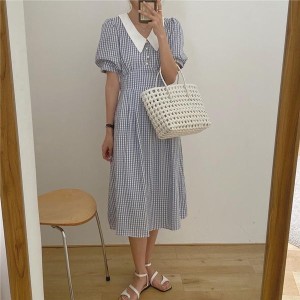 

vintage elegant plaid summer women dress puff sleeve doll collar v neck pearl button long vestidos, Black;gray