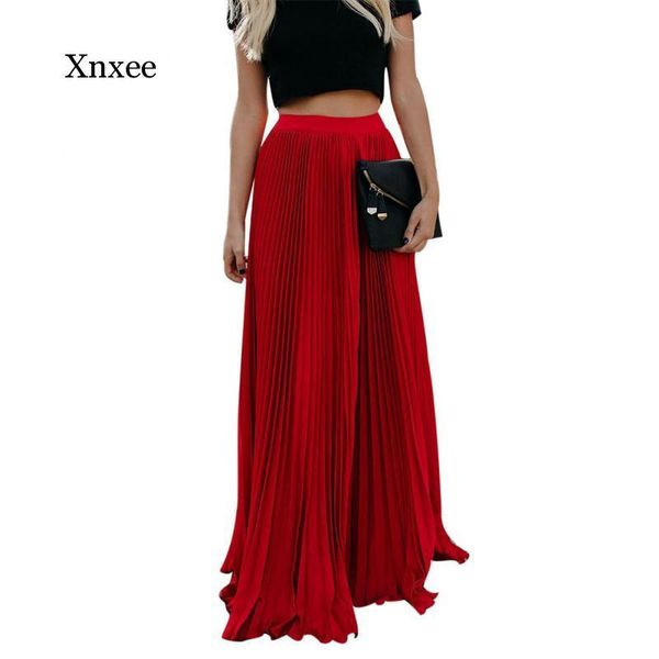

skirts summer women's bohemian beach ladies pure color pleated full length elastic long skirt, Black