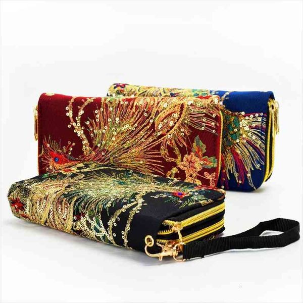 

women wallet long zipper coin purse designers handmade embroidery peacock retro clutch female for teenager girl, Red;black