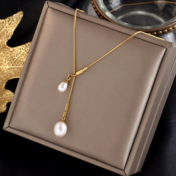 

chains titanium steel adjusted natural pearl necklace y word advanced sense delicate temperament clavicle chain tide, Silver