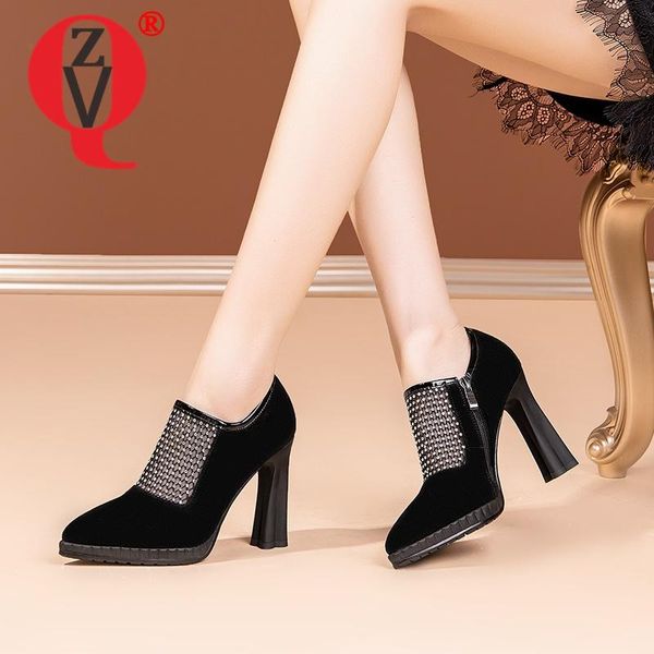 

dress shoes zvq spring style solid color suede genuine leather high heels pointed toe office lady comfortable fashion concise, Black