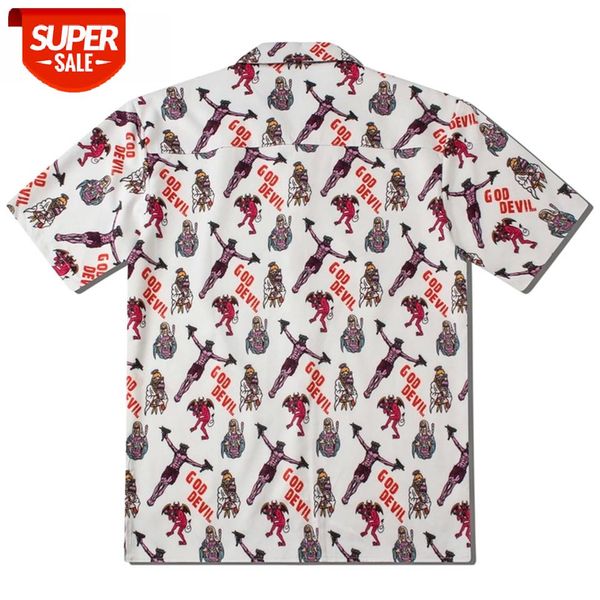 

hawaii beach casual god confront devil printed demon shirt harajuku hip hop streetwear mens short dress shirts #fl6t, White;black