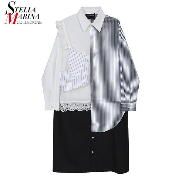 

casual dresses long sleeve woman wear 2021 winter shirt dress striped lace joined ladies straight midi style robe femme 6945, Black;gray