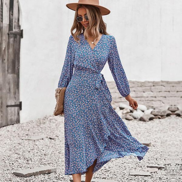 

casual dresses autumn winter long bandage print dress for women 2021 v neck full sleeve hight waist maxi ladies elegant, Black;gray