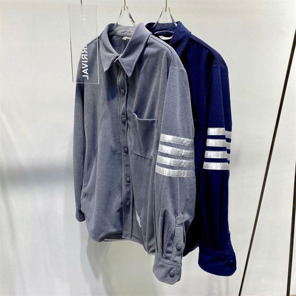 

spring and autumn winter tb four bar striped corduroy long sleeved shirt men's and women's same casual medium and long shirt coat, White