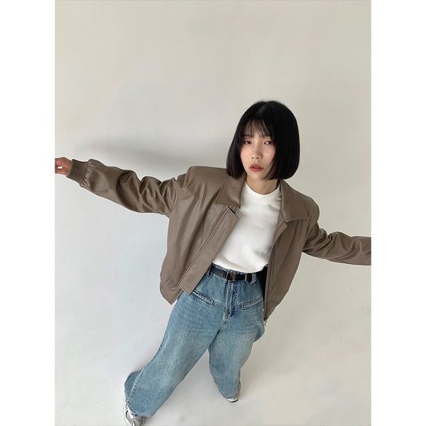 

[vermo] 2021 autumn winter new sweet cool wind locomotive leather jacket straight sleeve v11174, Black