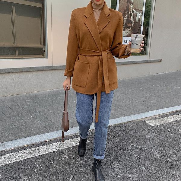 

women's wool & blends 2021 autumn solid color suit collar double side handmade short 100% coat women korean loose lacing belt woolen ov, Black