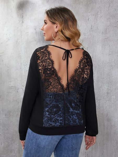 

plus tie back eyelash lace insert drop shoulder tee 74db#, Black