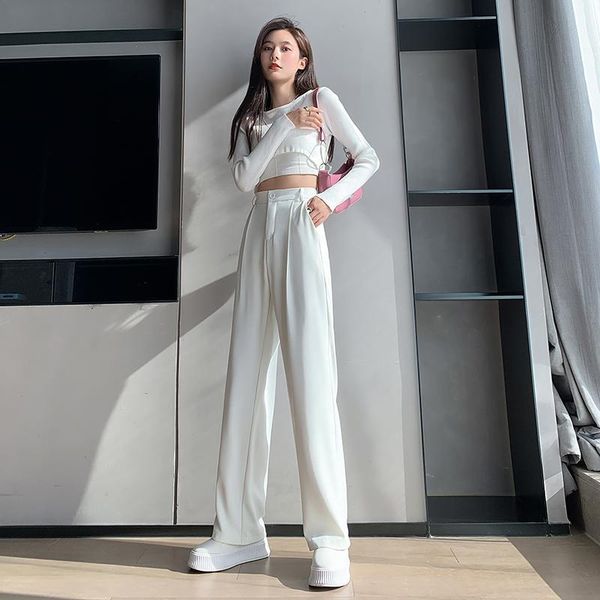 

women's pants & capris casual high waist loose wide leg for women spring summer female floor-length white suits ladies trousers, Black;white