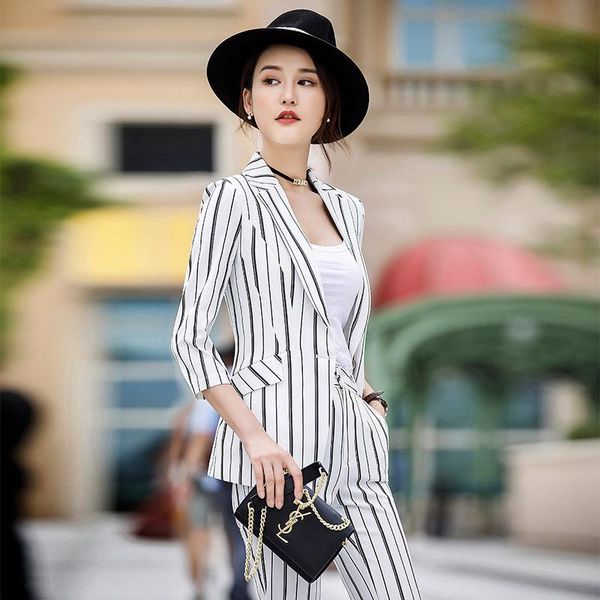 

women's suits & blazers izic style summer white striped women pants and blazer slim business ensemble femme 2 pieces pantalon office we, White;black