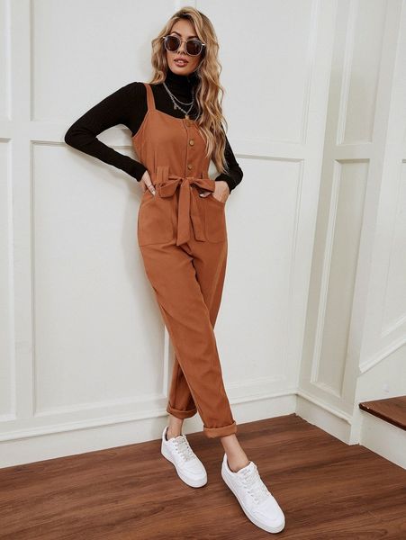 

button and pocket front belted pinafore jumpsuit 36hs#, White