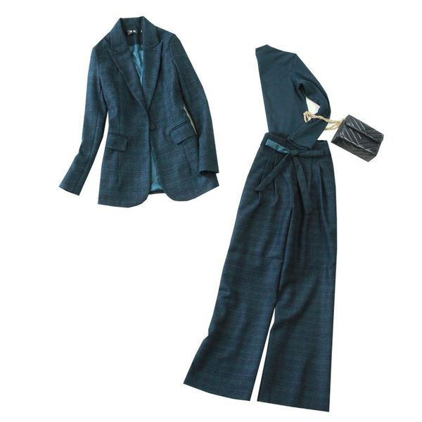 

new women clothes large size women's green slim long section suit high waist wide leg pants thick suit three-piece, White