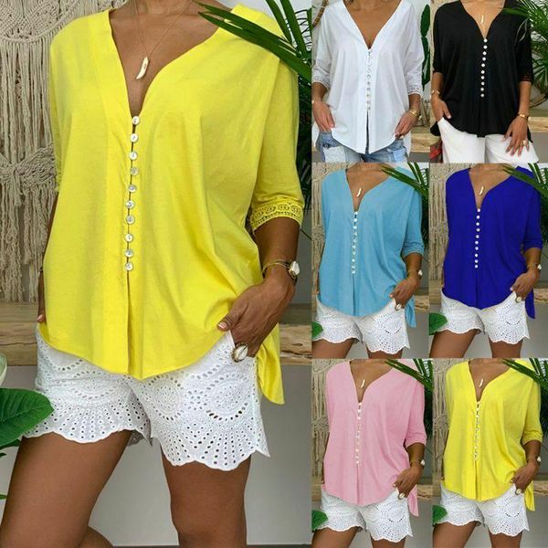 

women summer v neck three quarter sleeve bagggy loose button blouse new, White