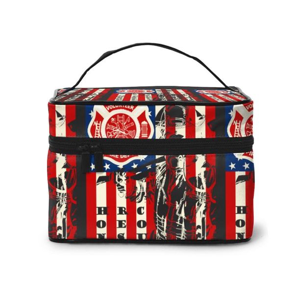 

high capacity makeup bag travel cosmetic bag firefighter usa flag beauty