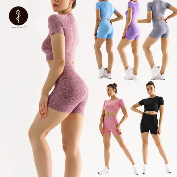 

yoga outfit summer clothes for women set fitness t-shirt shorts combination sport high elastic waist push up seamless clothing